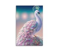 sfjjkh Poster animal paon rose pastel avec plumes irisées - Impression sur toile pour salon, chambre à coucher - 30 x 45 cm - Style sans cadre