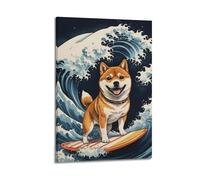 sfjjkh Poster animal Shiba Inu Ukiyo E Surf Wave Board - Art mural esthétique sur toile pour salon, chambre à coucher - 60 x 90 cm - Style cadre