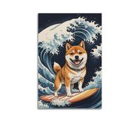 sfjjkh Poster animal Shiba Inu Ukiyo E Surf Wave Board - Art mural esthétique sur toile pour salon, chambre à coucher - 40 x 60 cm - Style sans cadre