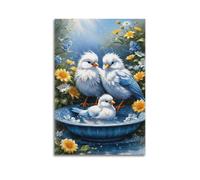 sfjjkh Poster animal trois oiseaux bleus et blancs dans un bassin d'eau - Art mural esthétique sur toile pour salon, chambre à coucher, 50 x 75 cm, style sans cadre