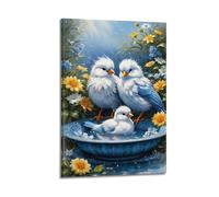 sfjjkh Poster animal trois oiseaux bleus et blancs dans un bassin d'eau - Art mural esthétique sur toile pour salon, chambre à coucher, 60 x 90 cm - Style cadre