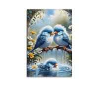 sfjjkh Poster animal trois oiseaux bleus par cascade et fleurs - Art mural esthétique sur toile pour salon, chambre à coucher, 50 x 75 cm, style sans cadre