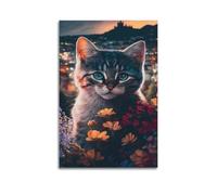sfjjkh Poster animalier, chaton, fleurs, ville crépuscule, décoration murale esthétique sur toile pour salon, chambre à coucher, 30 x 45 cm, style sans cadre