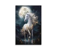 sfjjkh Poster d'animal magique cheval blanc sous la pleine lune - Art mural esthétique sur toile pour salon, chambre à coucher, 30 x 45 cm - Style sans cadre