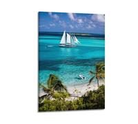 sfjjkh Poster de paysage avec motif voilier ancré dans des eaux tropicales turquoises, décoration murale esthétique pour salon, chambre à coucher, 30 x 45 cm, style cadre