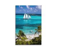 sfjjkh Poster de paysage avec motif voilier ancré dans des eaux tropicales turquoises, décoration murale esthétique pour salon, chambre à coucher, 40 x 60 cm, style sans cadre