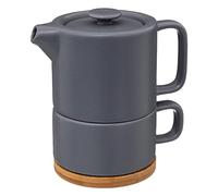 SG Secret de Gourmet Théière en céramique Bleu Gris avec Tasse intégrée et socle en Bambou - Secret de Gourmet