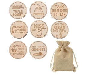 SG Store Set of 8pcs Golf Fun Markers Laser Engraved Round Wood Funny Series Golf Accessories for The Putting Green Alignment Ball Marker with Drawstring Bag 25 * 3mm