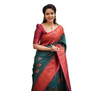 SGF11 Kanjivaram Sari Lichi en soie douce avec chemisier pour femme (nouveau look vert Rama), Vert Rama, taille unique