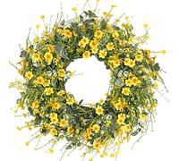 Sggvecsy Couronne de Marguerites Jaunes de 61 cm - Couronne d'été en Fausse Soie avec Feuilles d'eucalyptus Vertes pour Porte d'entrée, fenêtre, Mur, décoration de Ferme