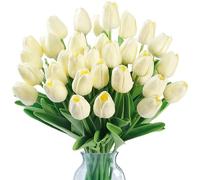 Sggvecsy Lot de 15 tulipes artificielles au toucher réaliste en polyuréthane pour mariage, bouquet de printemps, arrangement floral, maison, fête, bureau, fête des mères (blanc laiteux)