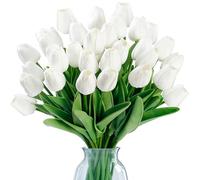 Sggvecsy Lot de 30 tulipes artificielles au toucher réaliste en polyuréthane pour mariage, bouquet de printemps, arrangement floral, maison, fête, bureau, fête des mères (blanc)