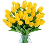 Sggvecsy Lot de 30 tulipes artificielles au toucher réaliste en polyuréthane pour mariage, bouquet de printemps, arrangement floral, maison, fête, bureau, fête des mères (jaune foncé)
