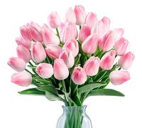Sggvecsy Lot de 30 Tulipes artificielles au Toucher réaliste en polyuréthane pour Mariage, Bouquet de Printemps, Arrangement Floral, Maison, fête, Bureau, fête des mères (Rose Clair)