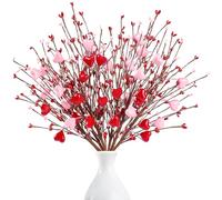 Sggvecsy Lot de 6 pics de baies rouges artificielles en forme de cœur avec cœur rouge et rose - Cadeau de Saint-Valentin, d'anniversaire de mariage, bouquet de fleurs, mariage, décoration d'intérieur