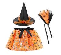 Sghtil Costume de sorcière pour fille, amusant ensemble de déguisements, ensemble de balai jupe, chapeau pour fêtes d'Halloween école théâtre maisons sorcières 2-8 ans