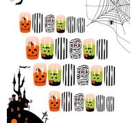 Sghtil Ongles d’Halloween, ongles d’Halloween appuyez sur, Ongles de citrouille effrayants, Faux ongles à pression pailletés, courts, citrouille, chauve-souris, colle sur les ongles, pour femmes et