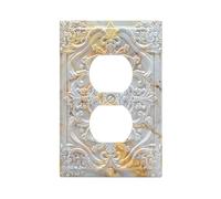 Sghxwp Couvercles de prise de courant décoratifs en marbre gris doré 3D en relief floral 1 gang Duplex Plaque murale unique pour interrupteur électrique pour chambre à coucher Décoration d'intérieur