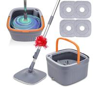 Sgizoku Balai serpillère avec seau, serpillère rotative à 360° avec essoreuse, fonction lavage et séchage, sépare l'eau propre et sale, manche télescopique avec 4 tampons réutilisables pour tous les