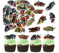 SGQTGIMU Lot de 40 décorations de gâteau comestibles pour voiture, dinosaure, voiture de course, muffins, pour garçon