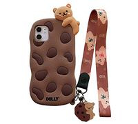 SGVAHY Coque pour iPhone 11 Pro Max - Coque mignonne pour iPhone 11 Pro Max - Avec lanière et lanière - Porte-clés kawaii - En silicone souple - Résistante aux chocs - Pour femme (ours biscuit, kaki)
