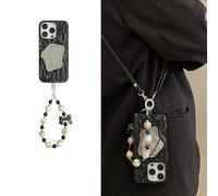 SGVAHY Coque pour iPhone 15 Pro - Texture de roche 3D mignonne - Avec bandoulière - Miroir - Fine - Résistante aux chocs - Coque de protection durable avec dragonne, noir