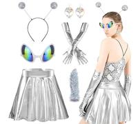 SGZIOO Costume d'Alien pour femme - Lot de 8 accessoires de costume d'alien avec serre-tête, gants argentés, jupe à paillettes, boucles d'oreilles, lunettes, paillettes holographiques pour carnaval
