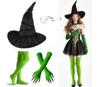 SGZIOO Wicked Costume Elphaba pour adulte, comprend un chapeau de sorcière, des lunettes Elphaba, des gants verts avec griffes, des bas de cuisse, un costume de sorcière méchante pour adulte, pour