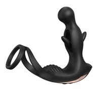 Sh! Masseur de prostate avec chatouilleur interne et anneau pénien à double boucle - 9 modes de vibration et 5 modes de chatouilles - Jouet anal rechargeable en silicone pour homme, étanche, anneau de