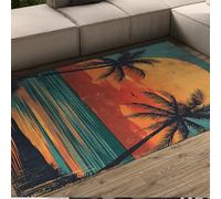 Shabby Chic Tapis côtier Style côtier Coucher de Soleil Plage Palmier Imprimer Mince Tapis pour Salon Chambre Salle de Bain antidérapant Lavable 150 x 210 cm