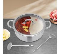 Shabu Hot Pot en acier inoxydable 28 cm/32 cm 2 compartiments avec couvercle en verre Shabu, double face pour deux saveurs différentes, casserole à soupe avec séparateur double face (32 cm)