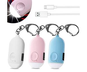 Shackcom 3 pcs 130 DB Alarme Personnelle d'urgence,Rechargeable Alarme de Sécurité avec LED Lampe de Poche Torche Anti Agression,pour Femme Enfants Personnes Agées Aventurier - Blanc+Bleu+Rose