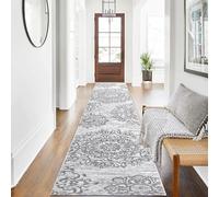 SHACOS Tapis Couloir Long Antidérapant Gris 60x305cm Vintage Tapis de Passage Poil Ras Bohème Tapis Chambre Adulte Doux Tapis de Sol Floral Motif pour Passage Salon Chambre