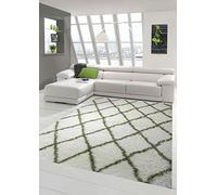 Shaggy Salon Tapis Shaggy Long-pile motif de diamant en crème vert Größe 120x170 cm