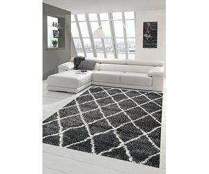 Shaggy Salon Tapis Shaggy longue pile motif de diamant en gris crème Größe 160x230 cm