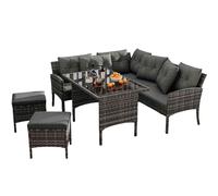 SHAIRMB Canapé De Jardin en Rotin 7 Places, Canapé d'angle De Jardin avec Table à Manger en Verre, Ensemble De Mobilier pour RéCeption, Coussins DéHoussables Et Lavables,Gris