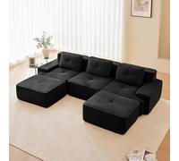 SHAIRMB Canapé Moderne sans Structure Apparente, Grands CanapéS d'angle en Forme De U, Canapé Modulable en Velours CôTelé, Mousse à MéMoire De Forme, Assise Extra Profonde,Noir,3 Seater+2 Ottoman