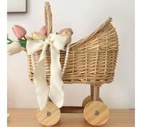SHAIRMB Panier à Fleurs avec Anse, Panier en Rotin Tressé en Forme De Poussette, pour Mariages Et FêTes PréNatales, Chariot DéCoratif Rustique, pour Compositions Florales,Beige,L