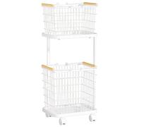 SHAIRMB Panier à Linge à 2 Niveaux avec 4 roulettes Universelles, Chariot à Linge avec 2 Paniers Amovibles, Panier De Rangement Robuste Et RéSistant, pour Classer Les VêTements,Blanc