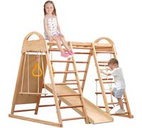 SHAIRMB Portique d'escalade Multifonction 7 en 1, BalançOire, éChelle, Toboggan à Plateau, Filet d'escalade, Pierre d'escalade en Plastique, Anneaux, Peut Servir De Tente,Natural