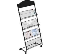 SHAIRMB PréSentoir à Magazines sur Pied avec roulettes, PréSentoir à Brochures 4 Niveaux, éTagèRe Porte-Journaux en MéTal, PréSentoirs à Magazines pour Expositions Et Salles,Noir