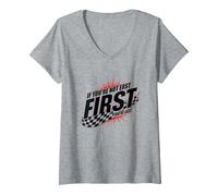 Shake and Bake First Last Racing Citation de Motivation pour Fan de Course T-Shirt avec Col en V, Femme, Gris Chiné, L