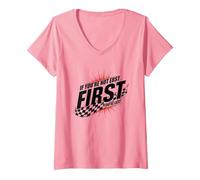 Shake and Bake First Last Racing Citation de Motivation pour Fan de Course T-Shirt avec Col en V, Femme, Rose, S