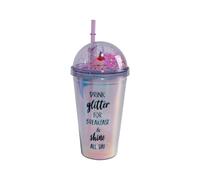 SHAKE CUP GLOSSY - Gobelet réutilisable avec couvercle et paille - Double paroi - Bouchon à vis hermétique - Pour eau minérale, fruits et jus. En verre, tasse. Un cadeau pour tous les enfants.