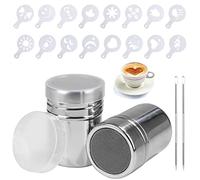 Shaker à Chocolat en Acier Inoxydable, 2Pcs Boîtes de Poudre avec Maille, avec 16 Pochoirs à Café, Stylo De Pochoirs Artistiques pour Décoration de Cappuccino, Latte, Gâteaux