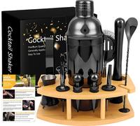 Shaker à cocktail en acier inoxydable, support écologique en bambou, set de 12 pièces, noir