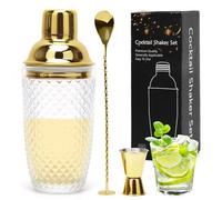 Shaker à cocktail en verre transparent de 400 ml - Accessoire de bar - Avec verre doseur - Cuillère de bar - Cadeau pour homme - Doré