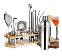 Shaker Cocktail 750ML, 23 Pièces INOX avec Support Bois, Professionnel kit pour Barman, avec crépine, Jigger, pour mélanger