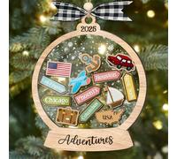 Shaker de voyage personnalisé 2025 - Décoration de Noël 4D avec noms personnalisés et lieux explorés, cadeaux en bois et acrylique pour aventuriers et voyageurs, souvenir à suspendre pour les vacances