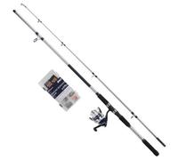 Shakespeare Salt Seabass Searcher Ensemble Canne à pêche et Moulinet avec étui Rigide, leurres et matériel de pêche côtière, Bar de mer, Bleu et Blanc, 2,70 m, 40-80 g